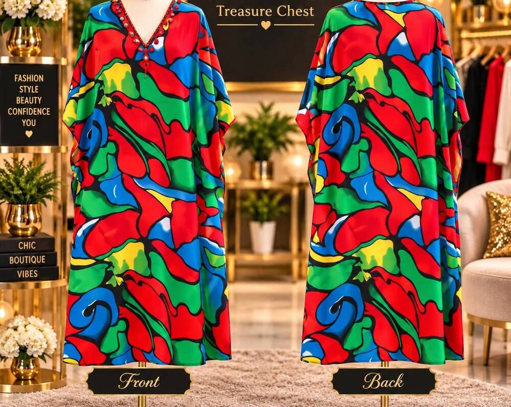 NEW KARA CHIC women's maxi kaftan dress in red multi
